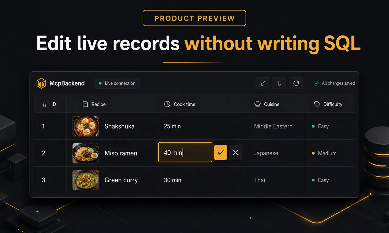 McpBackend data browser preview with three fictional recipe records and one record being edited.